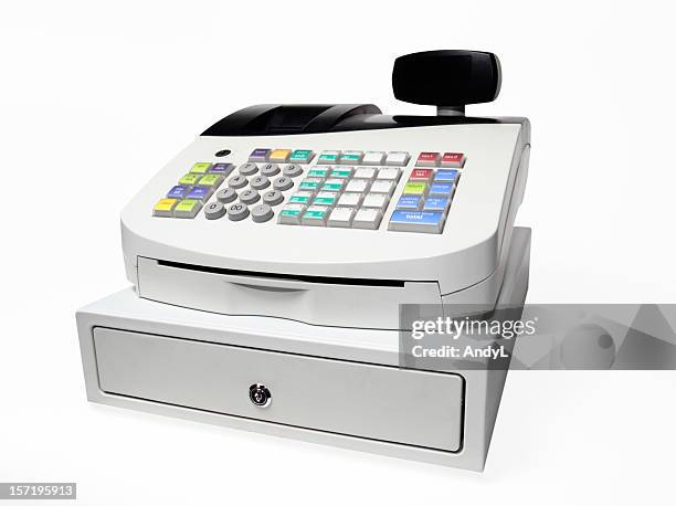 caixa registadora no branco com traçado de recorte - caixa registadora imagens e fotografias de stock