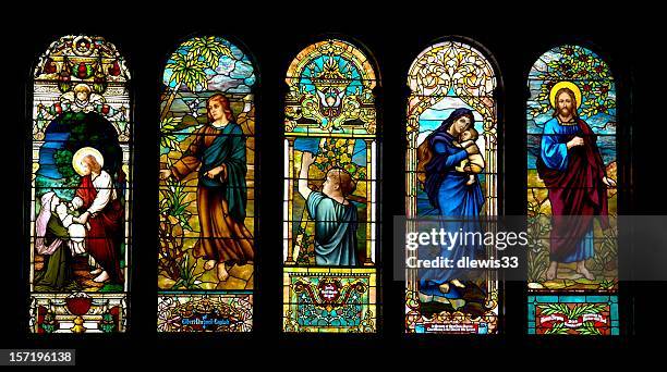 antique stained glass in sanctuary - stained glass church stock pictures, royalty-free photos & images