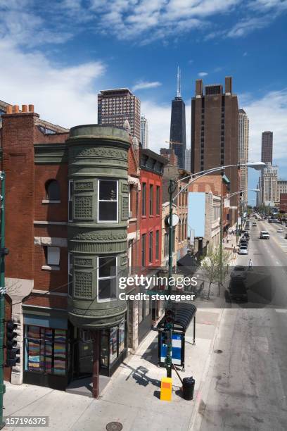 corner shop and street, chicago - chicago street stock pictures, royalty-free photos & images