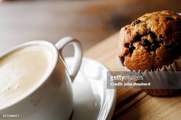 chocolate chip muffin and cup of coffee - muffin stock pictures, royalty-free photos & images