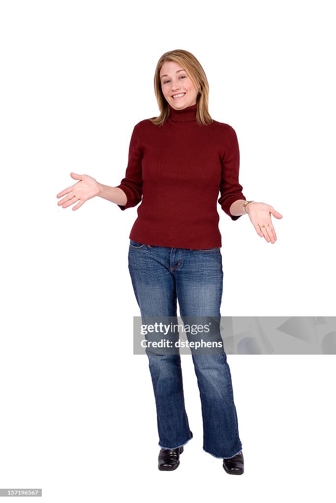 Portrait of questioning woman with open hands