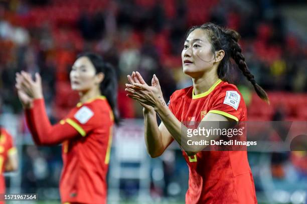 Haiyan Wu of China gestures during the FIFA Women's World Cup Australia & New Zealand 2023 Group D match between China and England at Hindmarsh...