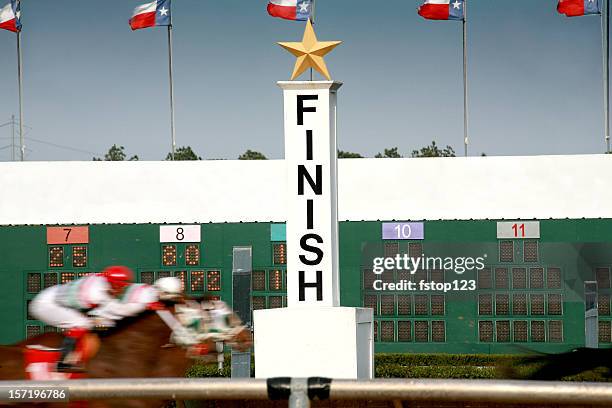 horse racing. race track finish line. - jockey uniform stock pictures, royalty-free photos & images