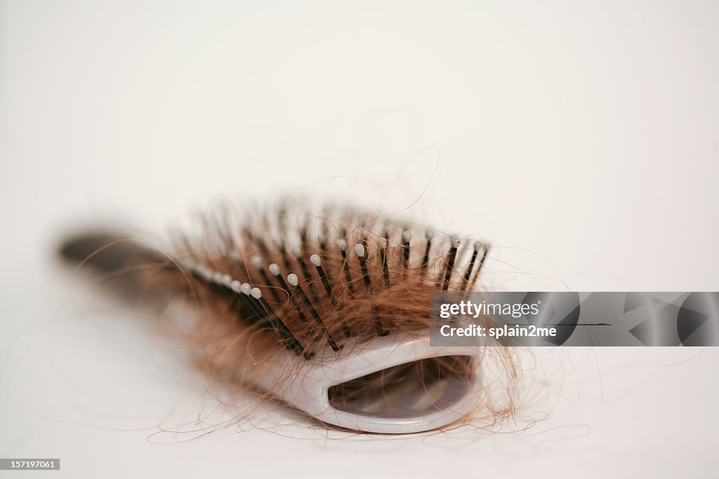 Hairbrush with strands of auburn hair stuck in it