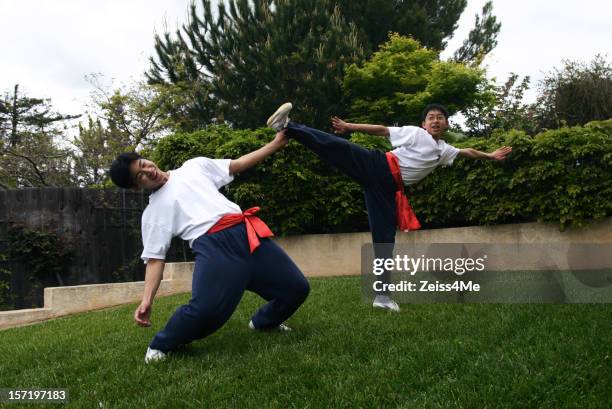 kung fu students practice sparring - high kick stock pictures, royalty-free photos & images