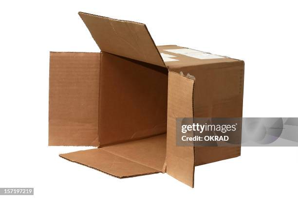 open brown cardboard shipping box on side - cardboard box isolated stock pictures, royalty-free photos & images