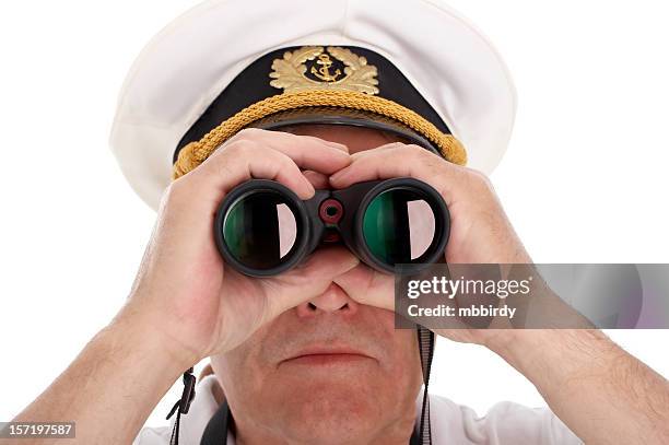 marinheiro com binóculos, isolado em fundo branco - head forward white background imagens e fotografias de stock