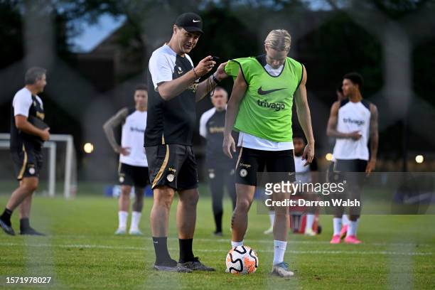 August 1: Head Coach Mauricio Pochettino and Mykhailo Mudryk of Chelsea during a training session at the Illinois University Training Facility on...