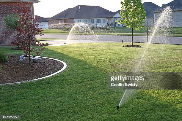 suburban house with a sprinkler system in the front garden - sproeier stockfoto's en -beelden