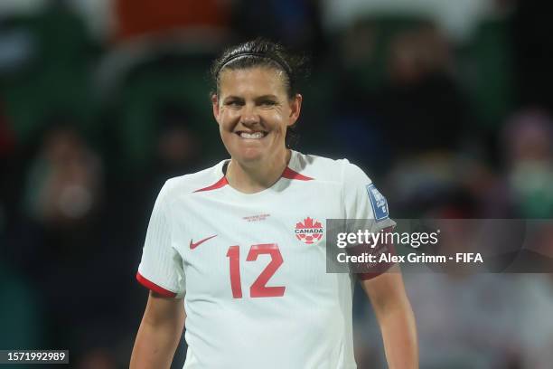 Christine Sinclair of Canada reacts during the FIFA Women's World Cup Australia & New Zealand 2023 Group B match between Canada and Ireland at Perth...