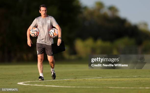 Unai Emery head coach of Aston Villa in action during a training session on July 25, 2023 in Orlando, Florida.