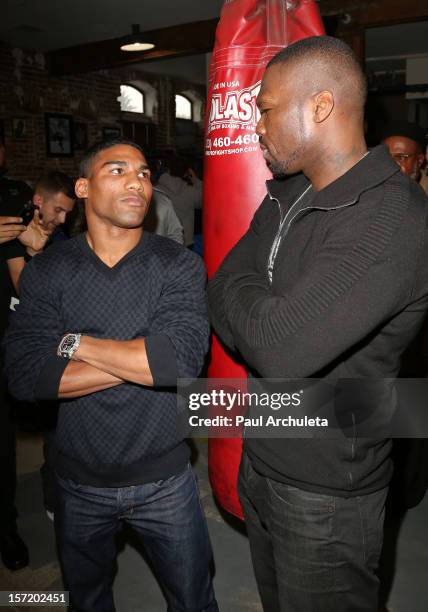 Professional boxer Yuriorkis Gamboa and rapper/actor Curtis "50 Cent" Jackson attend the Los Angeles media day workout on November 29, 2012 in Los...