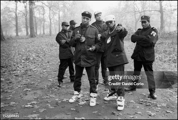 Public Enemy pose for group portraits in Hyde Park, London, 2nd November 1987. Chuck D is 3rd left and Flavor Flav is second right.