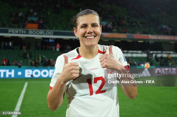 Christine Sinclair of Canada celebrates her team's 2-1 victory in the FIFA Women's World Cup Australia & New Zealand 2023 Group B match between...