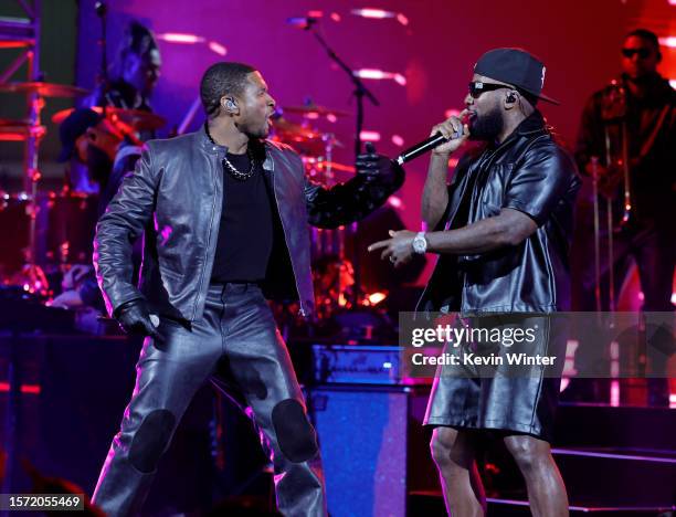 In this image released on August 2, Usher and Young Jeezy perform onstage during a taping of iHeartRadio’s Living Black 2023 Block Party in...