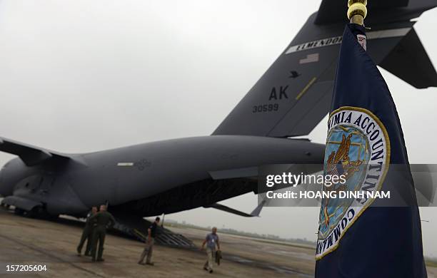 Airforce C-17 aircraft carrying a cargo of three caskets containing what are believed to be remains of US servicemen listed as missing in action...