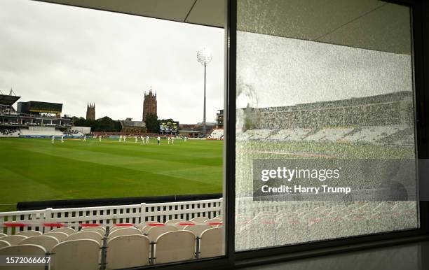 Detailed view of the broken window caused by a Jamie Overton of Surrey six during Day Two of the LV= Insurance County Championship Division 1 match...