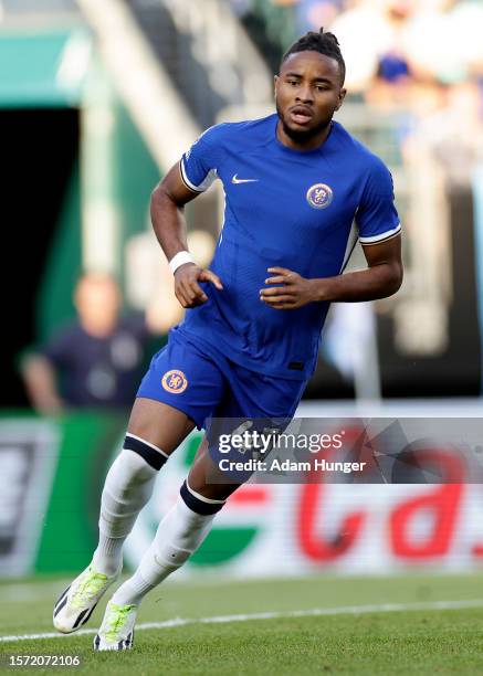 Christopher Nkunku of Chelsea in action during a pre season friendly match against the Brighton & Hove Albion on July 22, 2023 in Philadelphia,...