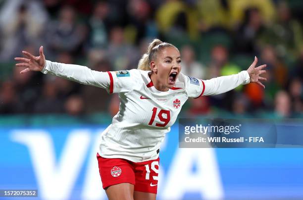 Adriana Leon of Canada celebrates after scoring her team's second goal during the FIFA Women's World Cup Australia & New Zealand 2023 Group B match...