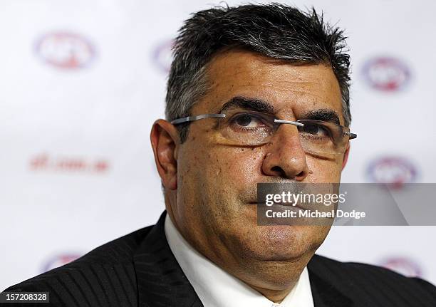 Andrew Demetriou at the press conference after the Adelaide Crows AFL Commission Hearing at AFL House on November 30, 2012 in Melbourne, Australia.