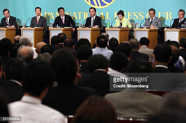 Party leaders take part in a debate ahead of the Dec. 16 general elections at the Japan National Press Club in Tokyo, Japan, on Friday, Nov. 30,...
