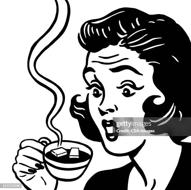 schockierte frau mit kaffeetasse - sugar shack stock-grafiken, -clipart, -cartoons und -symbole