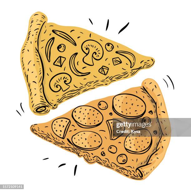 pepperoni and veggie pizza slices sketch - vegetarian pizza stock illustrations