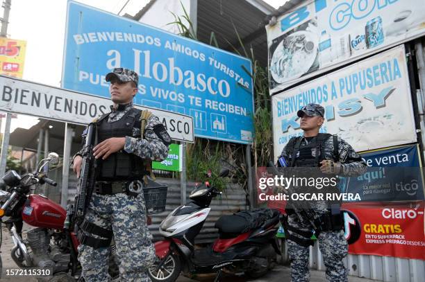 Agents of the Operational Tactical Section of the National Civil Police are deployed in the department of Cabañas, El Salvador, on August 2 2023....