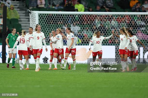 Canada celebrate a goal by Adriana Leon during the FIFA Women's World Cup Australia & New Zealand 2023 Group B match between Canada and Ireland at...