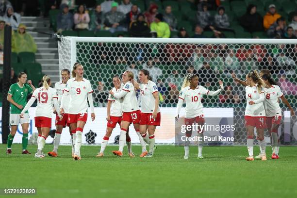 Canada celebrate a goal by Adriana Leon during the FIFA Women's World Cup Australia & New Zealand 2023 Group B match between Canada and Ireland at...