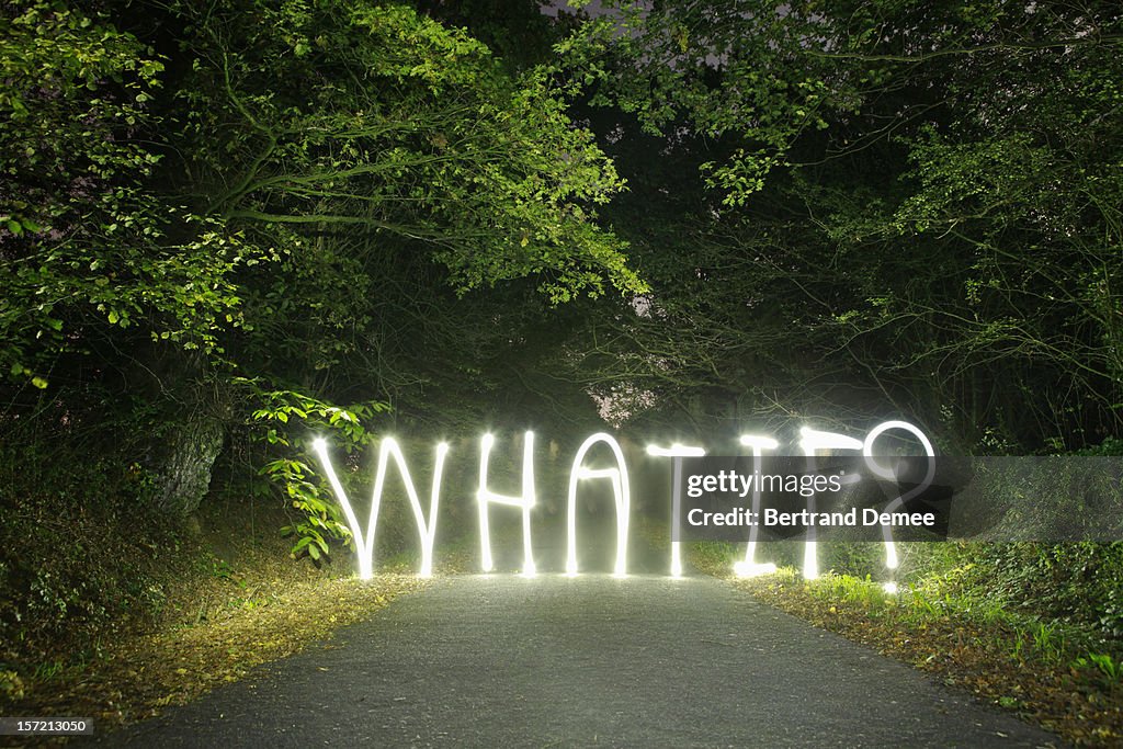 'What if ?' written in light across a road