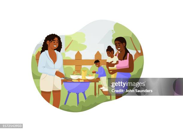 family time: backyard barbecue - family backyard stock illustrations