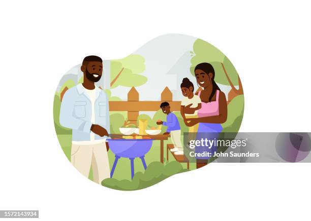 family time: backyard barbecue - family backyard stock illustrations