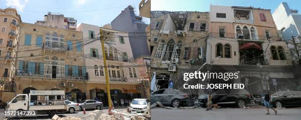 In this combination of pictures created on August 2 people drive past newly restored historic buildings on August 2, 2023 in Beirut's Gimmayzeh...