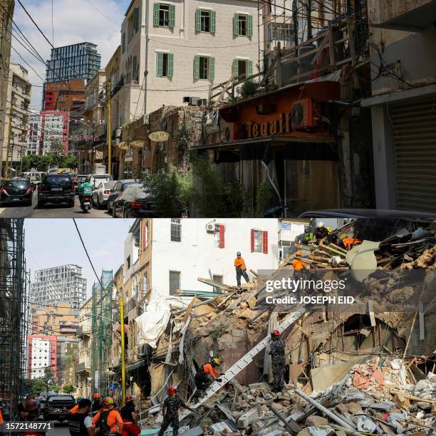 In this combination of pictures created on August 2 people drive past newly restored buildings in the Gemmayzeh neighbourhood of Beirut on August 2...