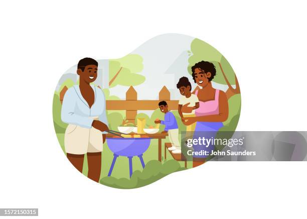 family time: backyard barbecue - family backyard stock illustrations