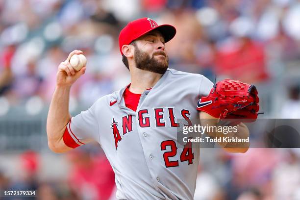 Lucas Giolito of the Los Angeles Angels pitches during the first inning against the Atlanta Braves at Truist Park on August 2, 2023 in Atlanta,...