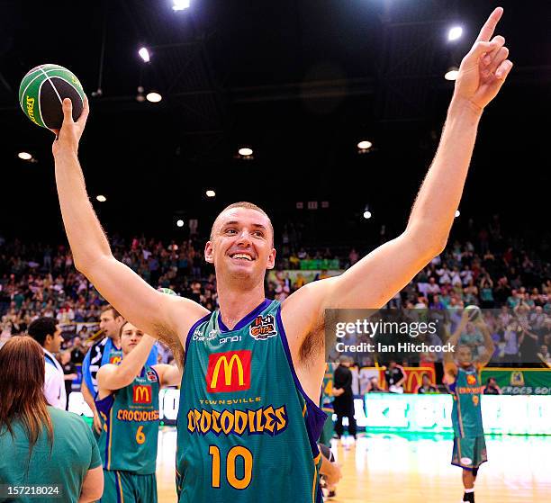 Russell Hinder of the Crocodiles acknowledges the crowd after winning the round nine NBL match between the Townsville Crocodiles and the Adelaide...