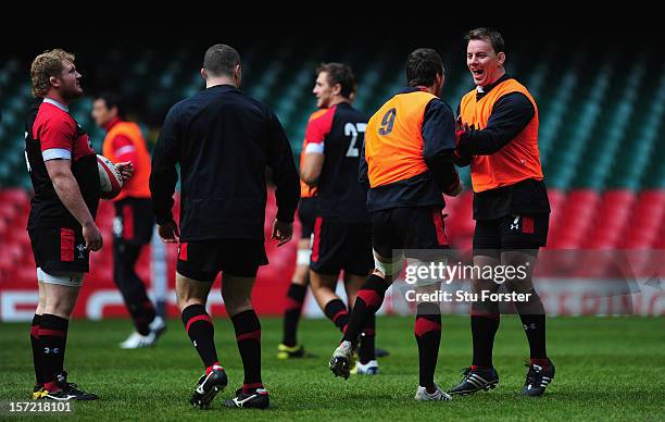 Wales captain Sam Warburton shares a joke with Matthew Rees during the Wales Captain's Run ahead of Saturdays game against the Australian Wallabies...