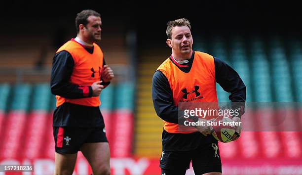 Wales player Matthew Rees in action as Jamie Roberts looks on during the Wales Captain's Run ahead of Saturdays game against the Australian Wallabies...