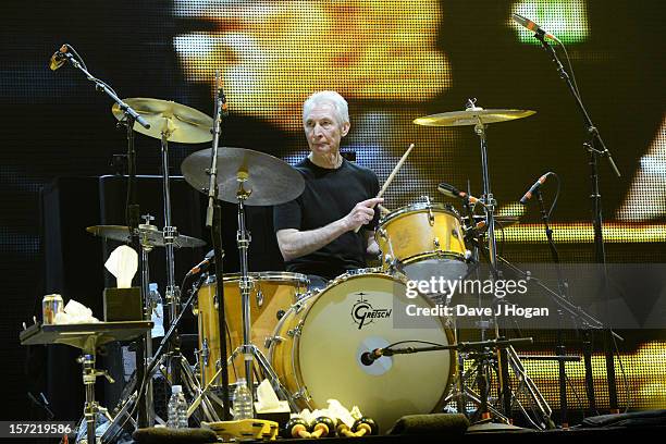 Charlie Watts of The Rolling Stones perfoms at The O2 Arena on November 29, 2012 in London, England.