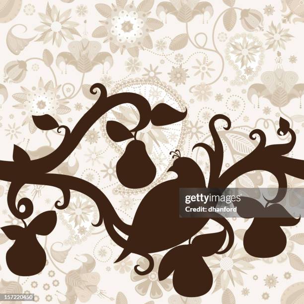 partridge in a pear tree silhouette seamless pattern - the twelve days of christmas stock illustrations