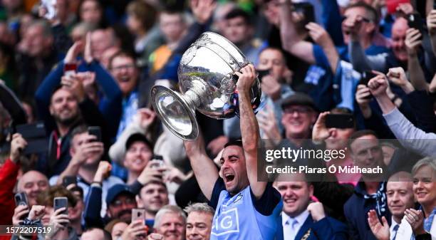 Dublin , Ireland - 30 July 2023; Dublin captain James McCarthy lifts the Sam Maguire Cup after his side's victory in the GAA Football All-Ireland...