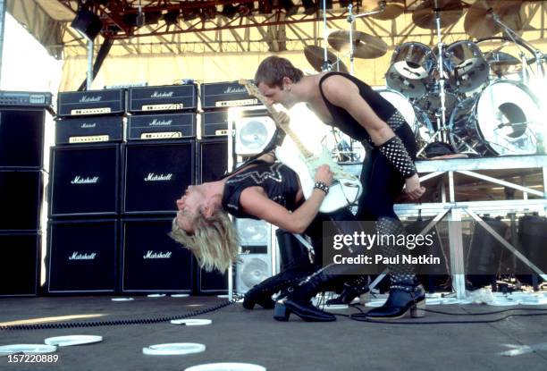 British heavy metal group Judas Priest perform onstage at the Rockford Speedway, Loves Park, Illinois, July 27, 1980. Pictured are guitarist KK...