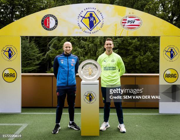 Feyenoord's Austrian captain Gernot Trauner and PSV Eindhoven's Dutch captain Luuk de Jong pose during a photo session in Zeist on August 2 two days...