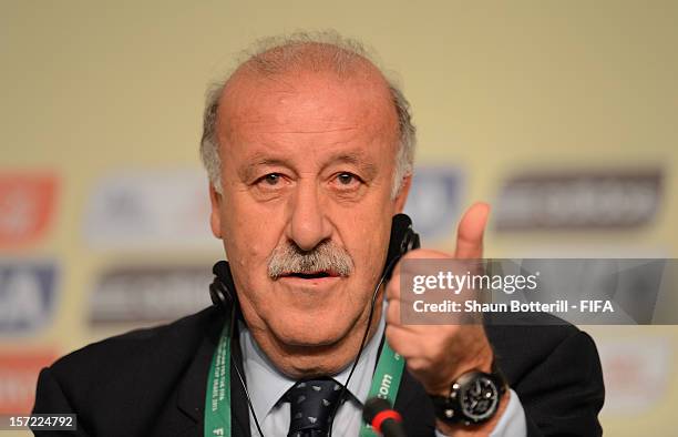 Spain coach, Vicente de Bosque addresses the media during the team coaches press conference prior to the Official Draw for the FIFA Confederations...