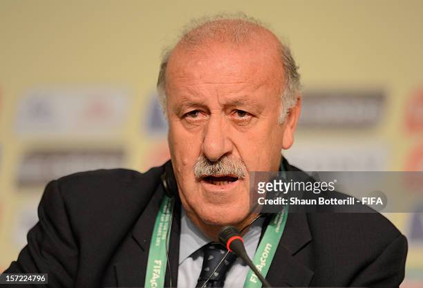 Spain coach, Vicente de Bosque addresses the media during the team coaches press conference prior to the Official Draw for the FIFA Confederations...