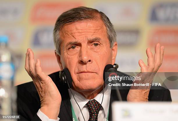 Uruguay coach, Oscar Tabarez addresses the media during the team coaches press conference prior to the Official Draw for the FIFA Confederations Cup...