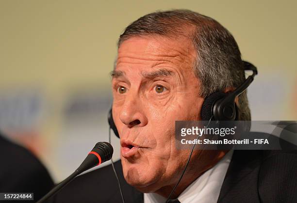Uruguay coach, Oscar Tabarez addresses the media during the team coaches press conference prior to the Official Draw for the FIFA Confederations Cup...