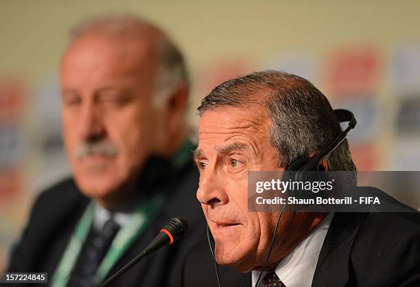 Uruguay coach, Oscar Tabarez addresses the media during the team coaches press conference prior to the Official Draw for the FIFA Confederations Cup...